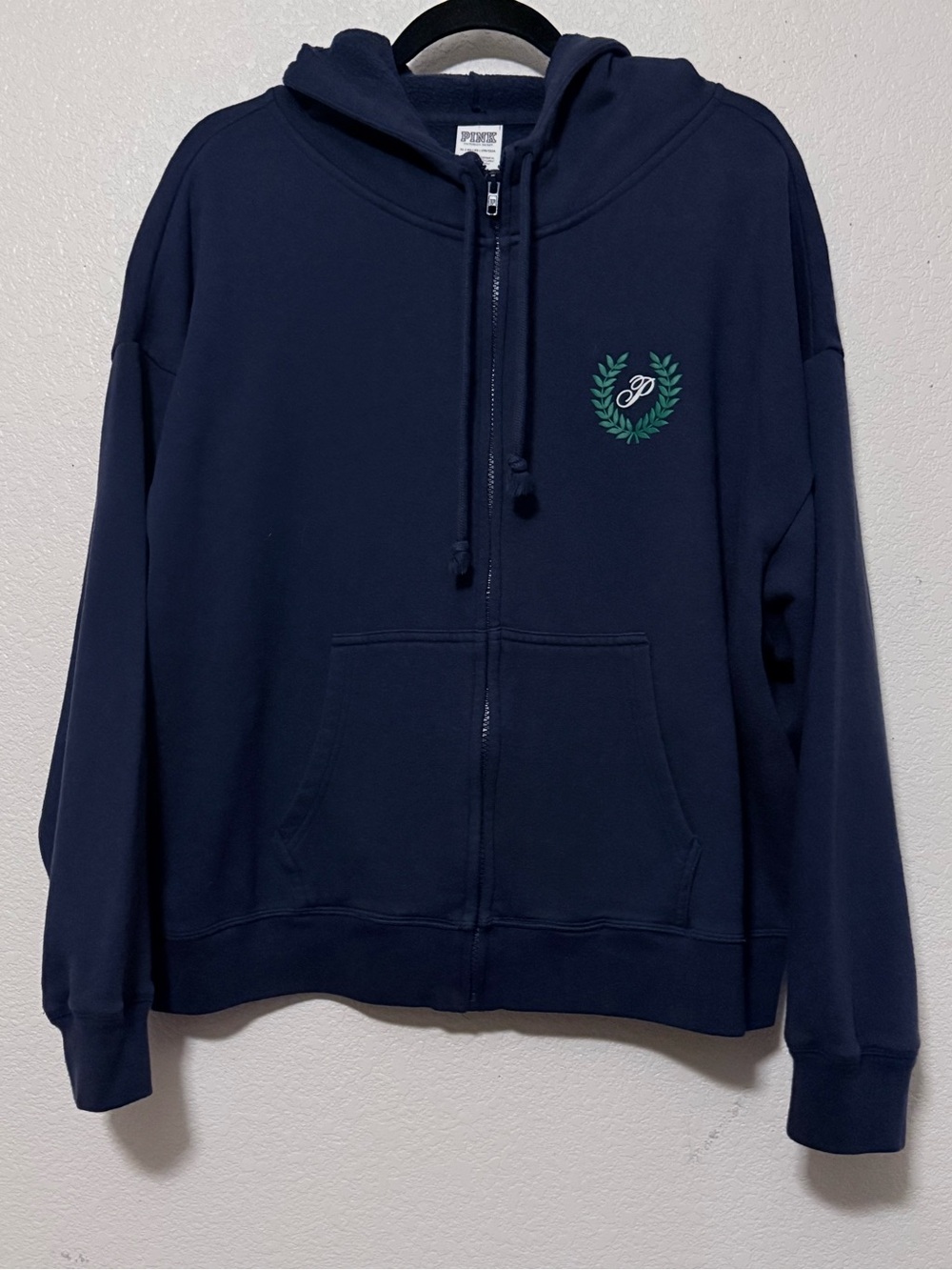 PINK Victoria's Secret Navy Zip-Up Hoodie with Green Laurel Crest 0277